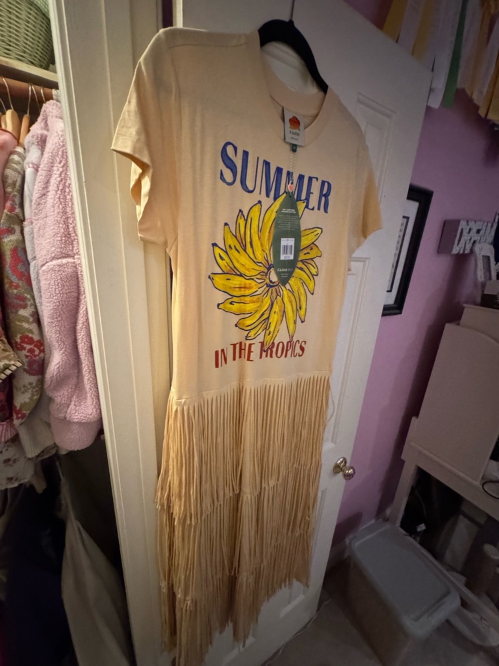 FARM Rio Cream Tee Dress with Yellow Sunflower Graphic and Blue Text